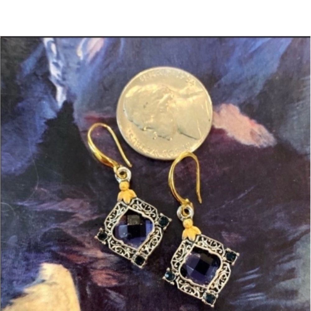 Silver Gold Vintage Style Sapphire Earrings - Picture 4 of 7
